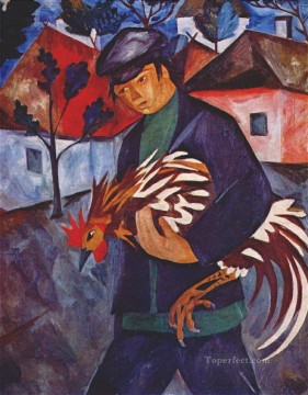 boy with a skull Painting - boy with rooster Russian
